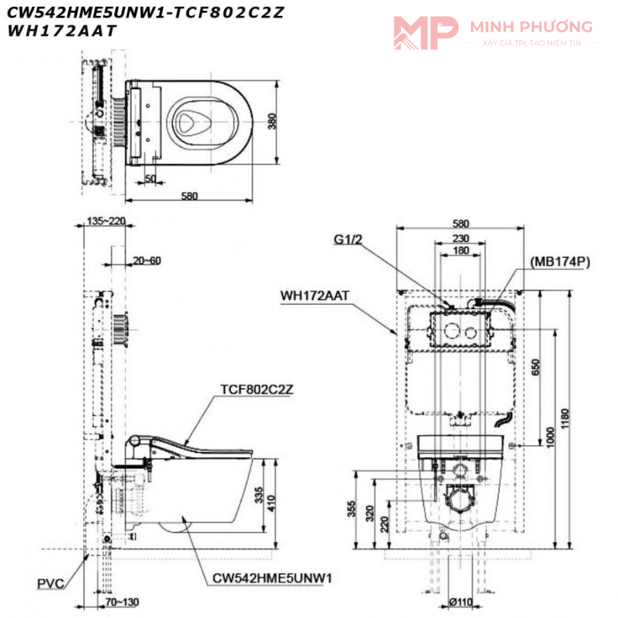 Sơ đồ lắp đặt bàn cầu treo tường CW542HME5UNW1