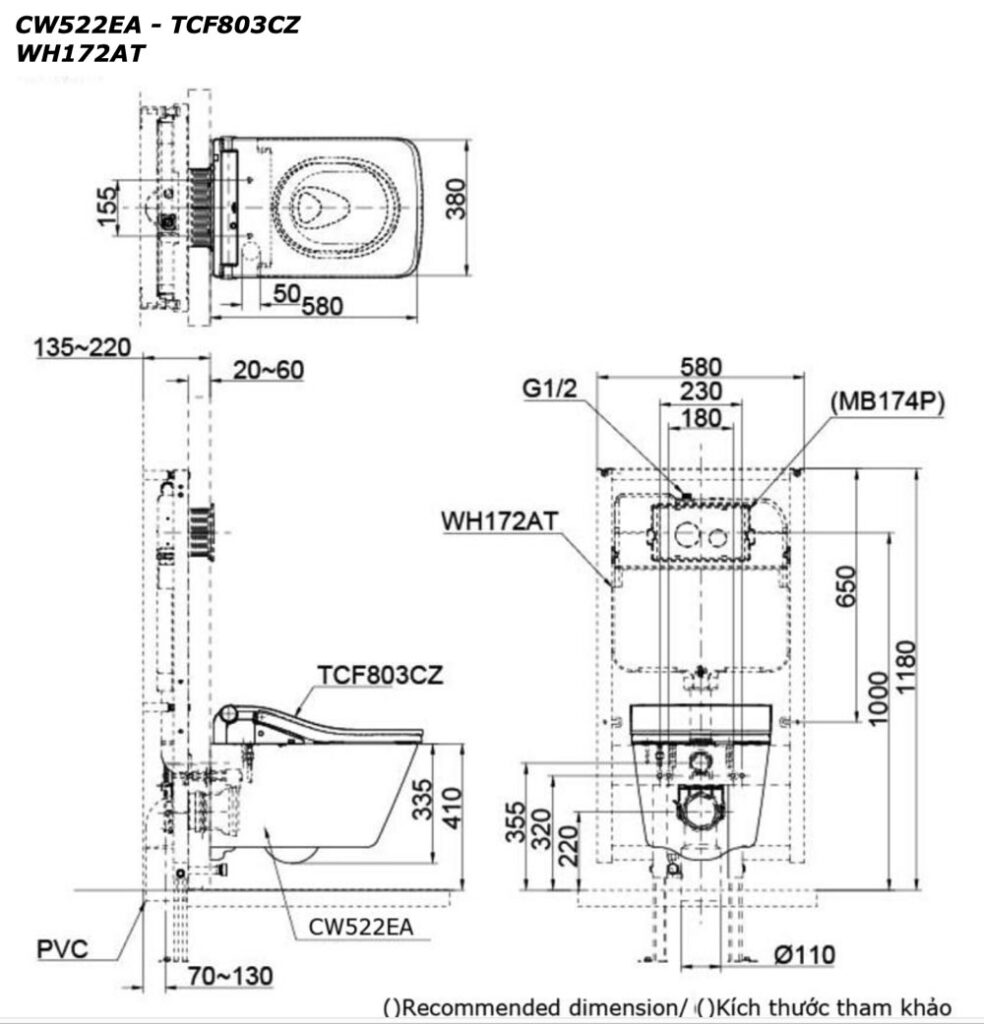 bản vẽ kỹ thuật bồn cầu TOTO CW522EA