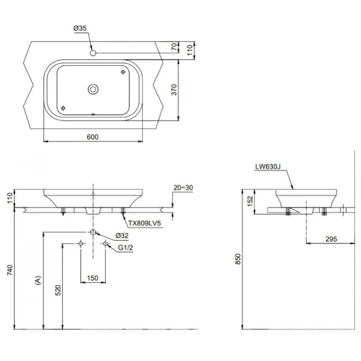 LW630JDW:F#FRG-ban-ve-ky-thuat Bản vẽ kỹ thuật Chậu lavabo đặt bàn TOTO LW630JDW/F#FRG