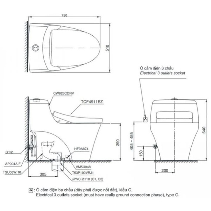 Bản vẽ kỹ thuật Bàn cầu 1 khối nắp điện tử TOTO MS823CDRW23